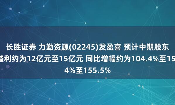长胜证券 力勤资源(02245)发盈喜 预计中期股东应占溢利约为12亿元至15亿元 同比增幅约为104.4%至155.5%